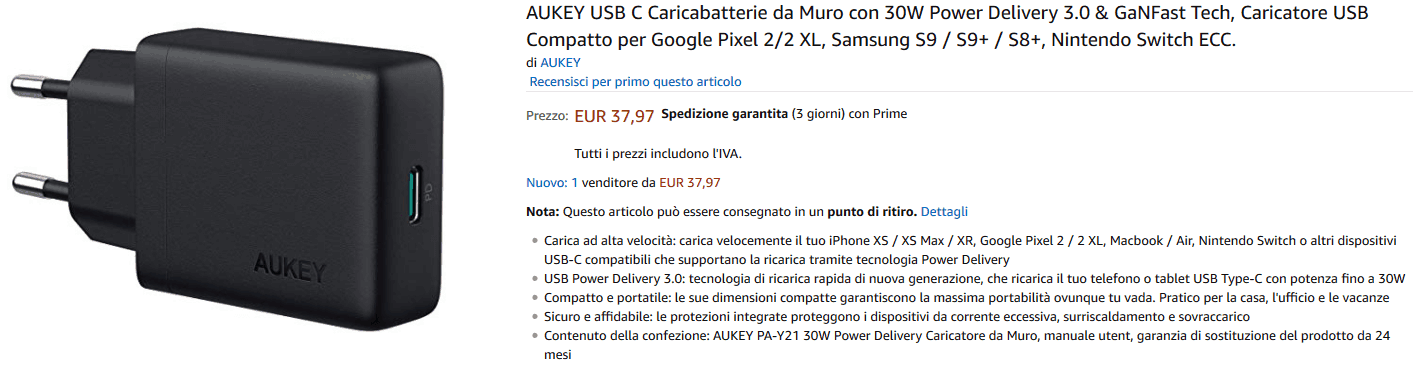 Aukey PA-Y21 caricatore da parete recensione